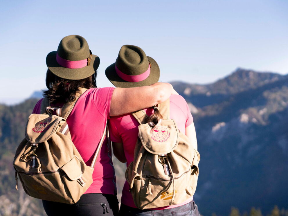 Zwei Personen im Wanderoutfit schauen auf ein Bergpanorama.