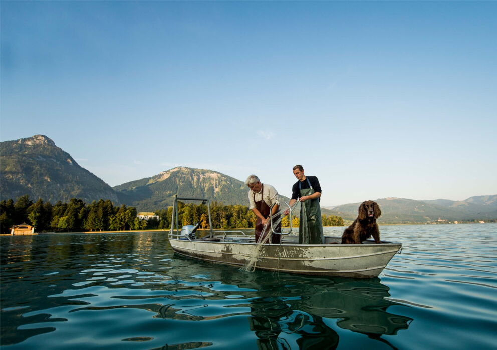 Fischer mit Hund bei der Arbeit am Wolfgangsee
