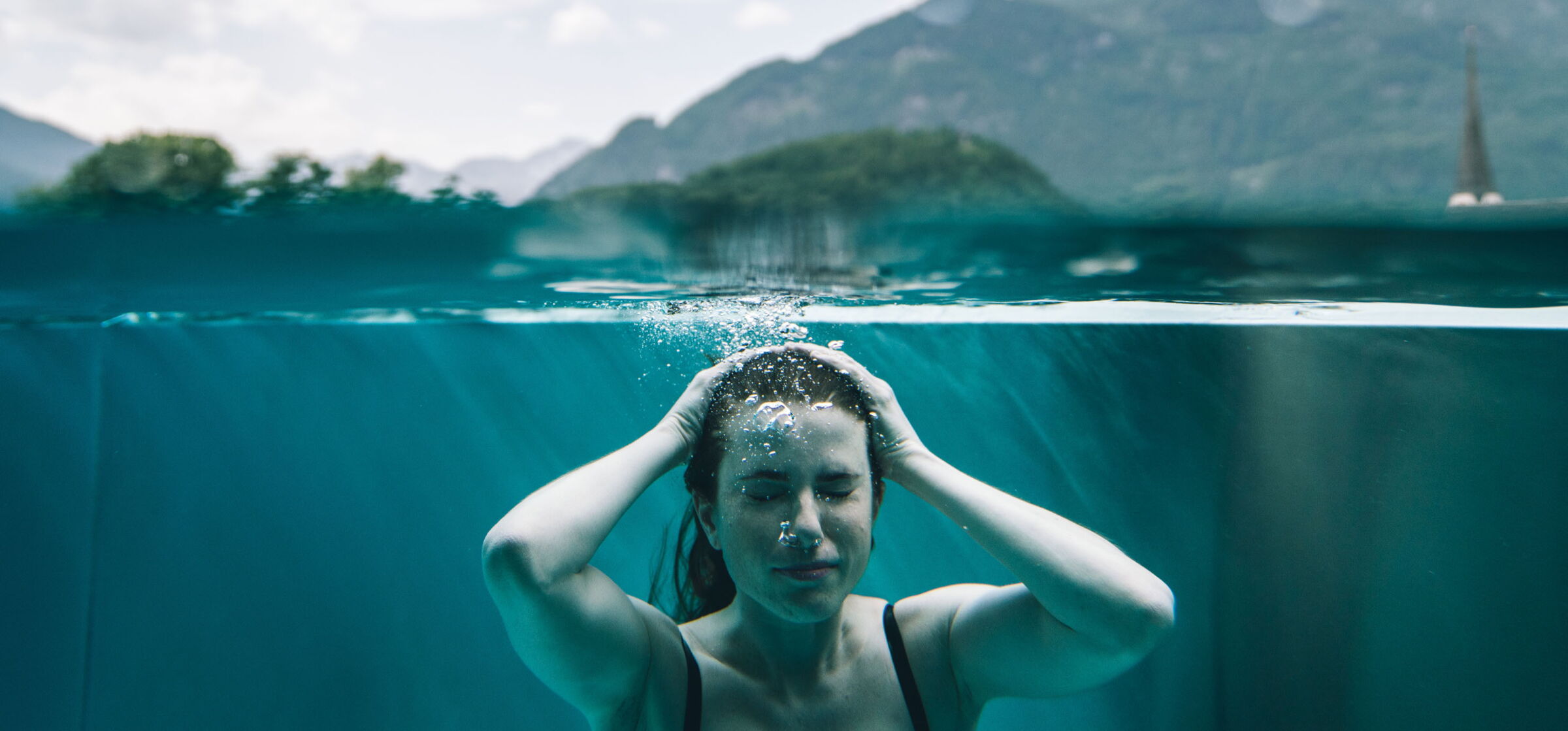 Woman immersed in a thermal bath