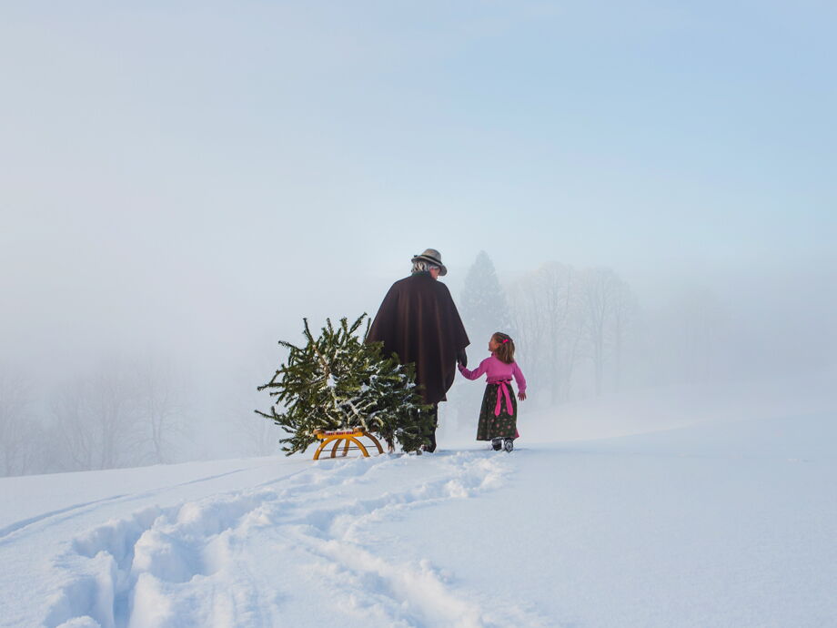 Alte Frau mit kleinem Mädchen mit einem Christbaum in einer Schneelandschaft