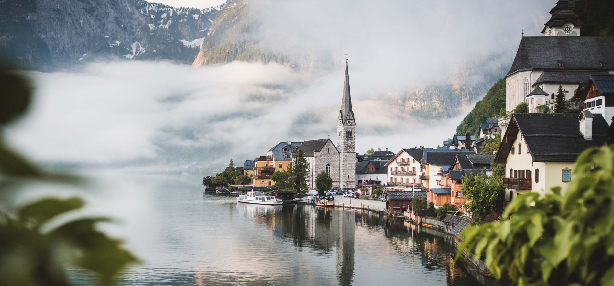 View of the village centre of Hallstatt and Lake Hallstatt in the wonderful Alpine landscape in Austria