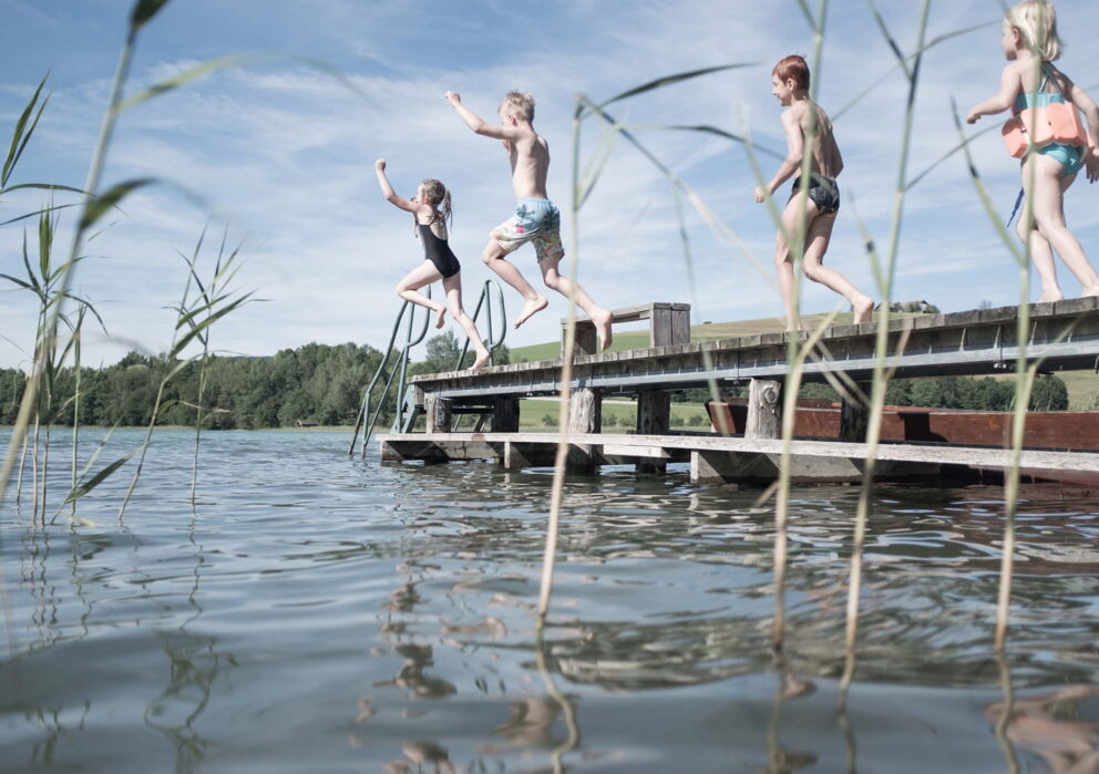 In den kühlen Wolfgangsee springende Gruppe an Kindern