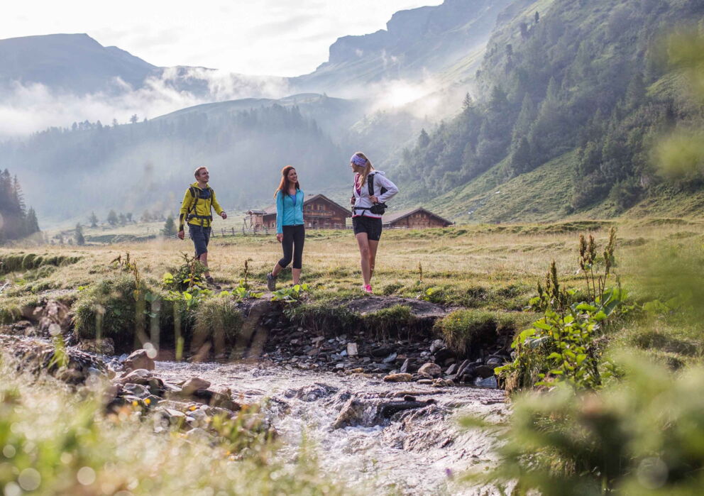 Gruppe Wanderer neben einem bach auf einer Almwiese im Salzkammergut