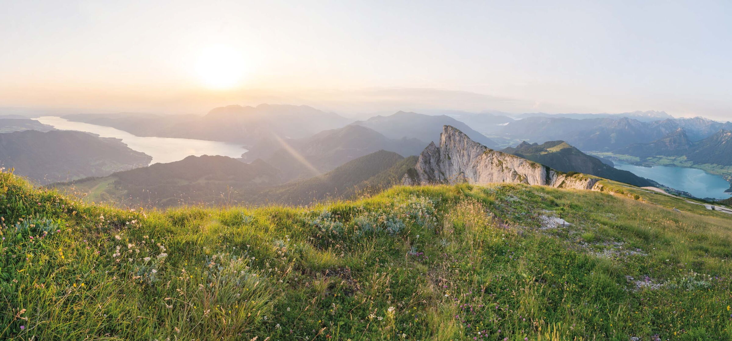 Bergwiese mit Blick auf die Berg und Seelandschaft des Salzkammerguts