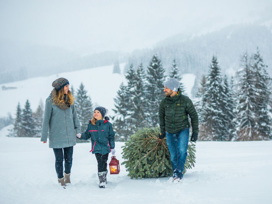 Small family in snowy landscape with a Christmas tree