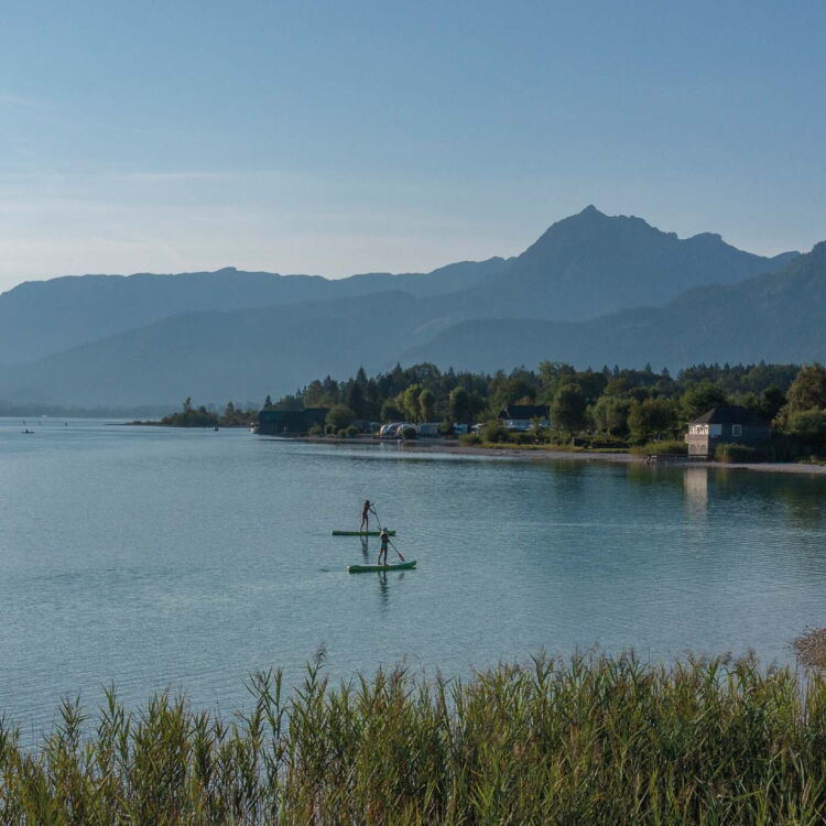 Zwei Personen beim Stand Up Paddeln am Wolfgangsee