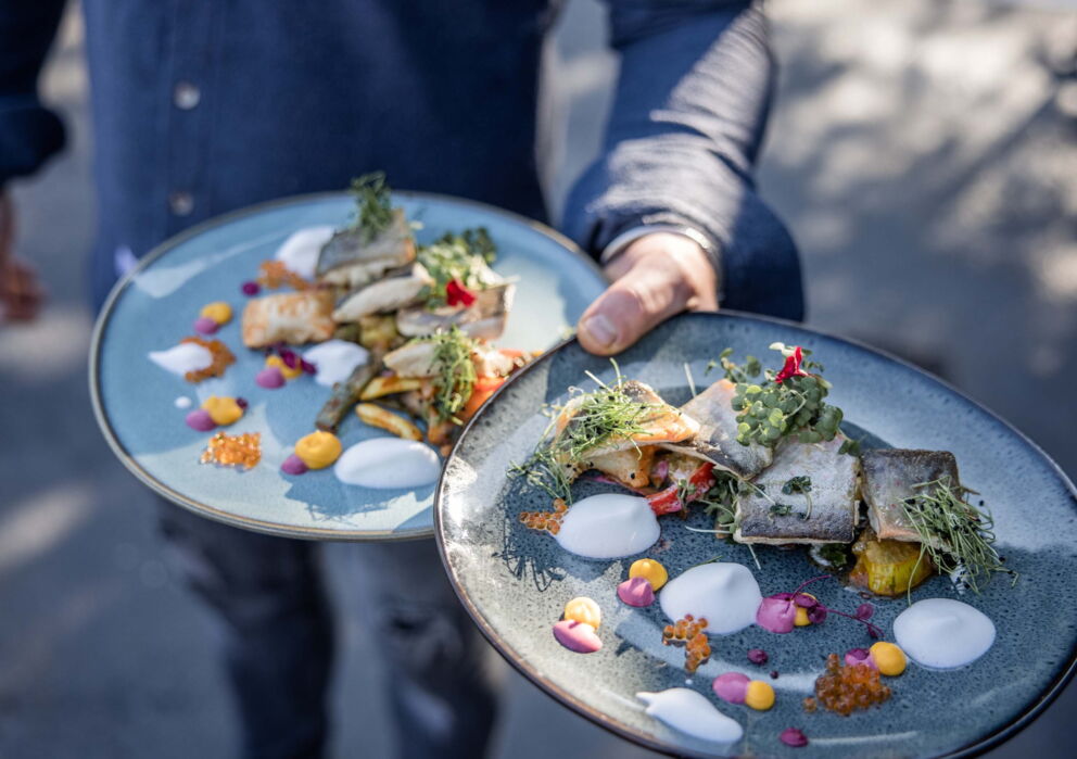 Schmackhaft gebratener Lachs auf einem schön verzierten Teller